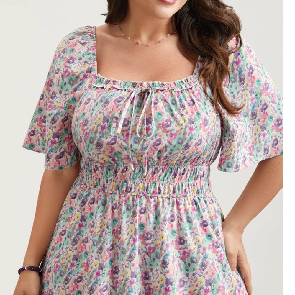 Pastel Floral Print Smocked Waist Long Tiered Dress - Picture 4 of 7
